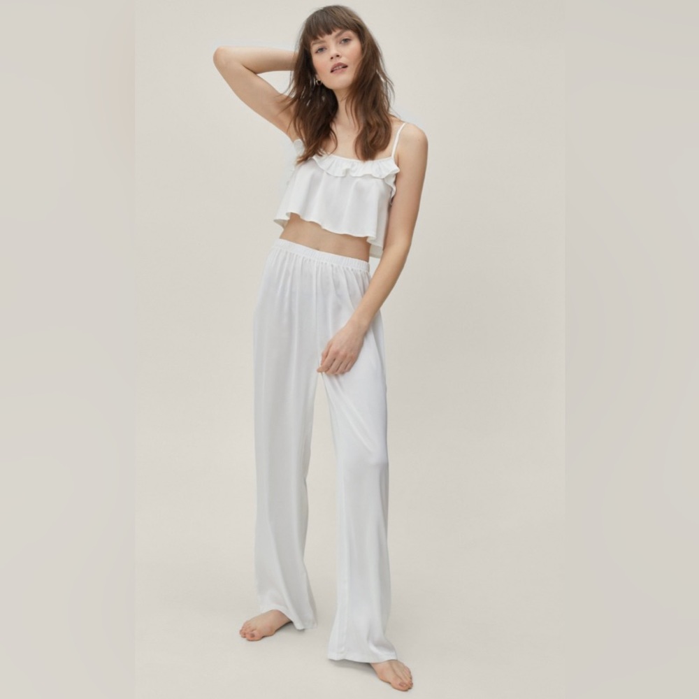 Nasty Gal Satin Ruffle Cropped Cami Pajama Set US Size 4